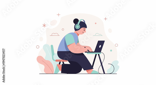 Person wearing headphones works on laptop at a desk with plants