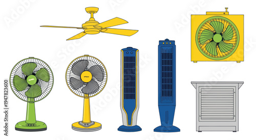 Collection of various electric fans for cooling and air circulation