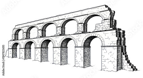 Ancient Roman Aqueduct Structure, Stone Arches, Historical Engineering, Illustration