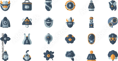 Sci-fi inspired icons of masks, helmets, gear, and abstract shapes