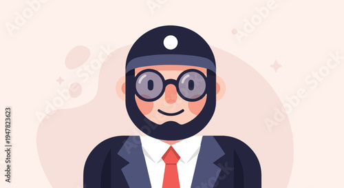 Smiling person in suit with hat and glasses, abstract background