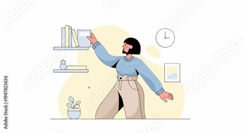 Person reaching for books on a shelf in a cozy room with a plant