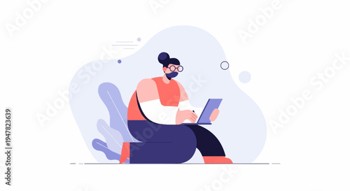 Person wearing mask, glasses, using laptop, surrounded by abstract shapes