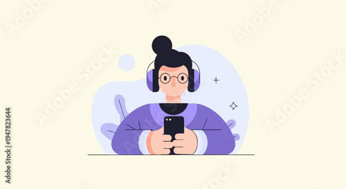 Person with headphones and phone on abstract background