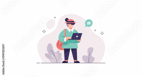 Person with laptop and food thought bubble, surrounded by abstract shapes and plants