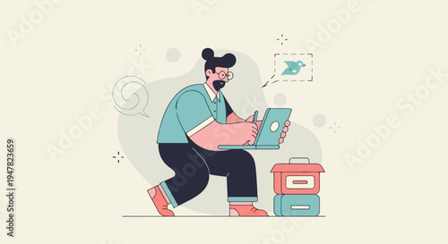 Person working on laptop, inspiration symbol, and stack of boxes