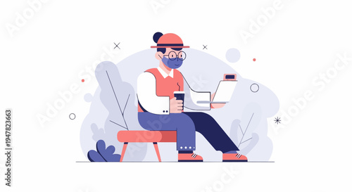 Person wearing mask, hat, glasses, holding coffee, using laptop