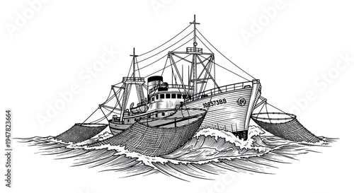 Fishing Trawler Boat with Nets in Rough Sea, Nautical Illustration