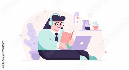 Person wearing headphones and glasses reads a book at a laptop