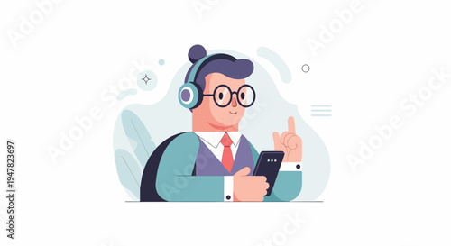 Person with headphones and phone, pointing finger