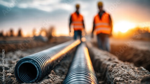 Construction workers installing pipes at sunset