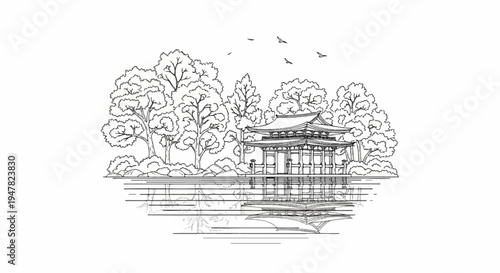 Serene temple nestled among trees with birds flying above reflection