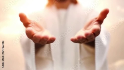 Jesus reaching out his arms from heaven to save us, the resurrected Jesus Christ leading us to heaven, the cross and love and Easter background