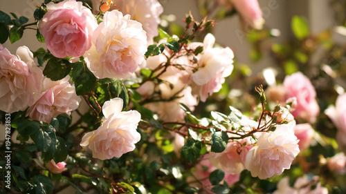 Pink roses blooming on a climbing bush in a garden, capturing the beauty of nature and spring season