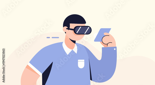 Person wearing virtual reality goggles interacts with a digital device
