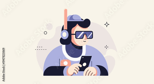 Person wearing virtual reality headset and holding smartphone, abstract shapes
