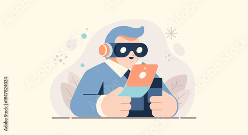 Person wearing VR headset interacts with digital device in stylized illustration