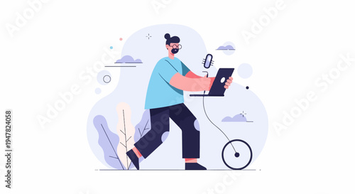 Person with laptop and microphone riding a bicycle