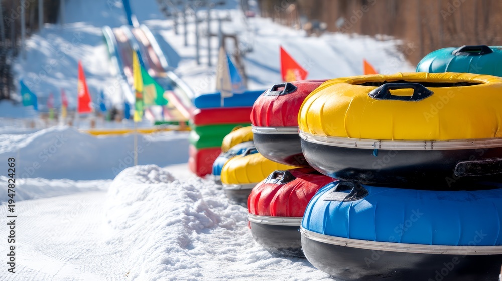 Fototapeta premium Colorful Inflatable Tubes Stacked on Snowy Hill for Winter Tubing Adventure