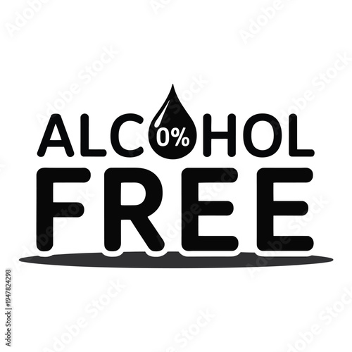 alcohol free icon with shadow, clean prohibition symbol representing no alcohol concept, minimal flat style illustration for health awareness, wellness campaigns, beverage labeling, packaging design, 