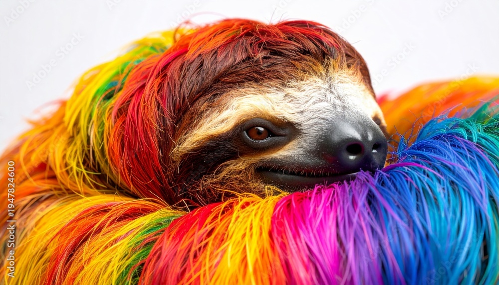 Naklejka premium Colorful Sloth Wrapped in Bright Rainbow Fur Displaying Joyful Spirit