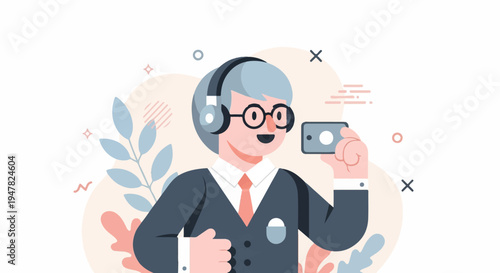 Person with headphones and phone, stylized abstract floral background