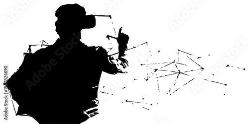 Black silhouette illustration of a woman holding an umbrella and a jazz player with music notes standing near a military soldier person with a rifle