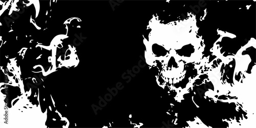 Abstract black and white grunge background featuring a floral skull design with ink splatters and butterfly silhouettes in a decorative tattoo art pattern