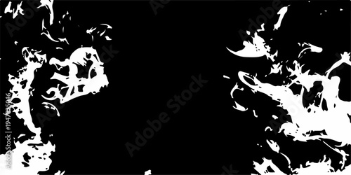 Grunge floral frame design featuring a black panther and cat silhouette with ink paint swirls and nature elements on a black and white vector art background