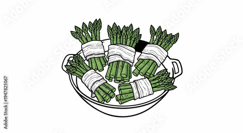 Several bundles of asparagus wrapped in white cloth in a shallow bowl