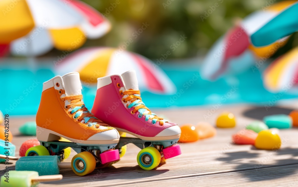 Fototapeta premium Bright Roller Skates with Neon Wheels Resting by a Colorful Poolside Scene