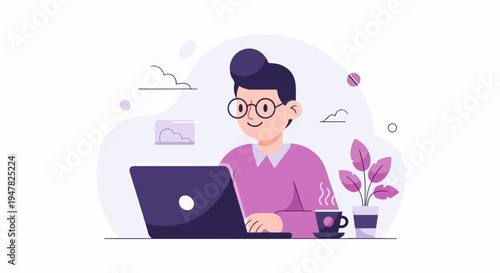 Person with glasses happily working on laptop with coffee and plant