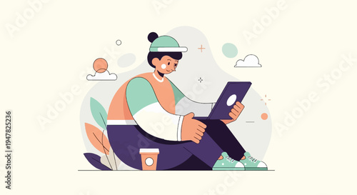 Person working on laptop with coffee and abstract background elements