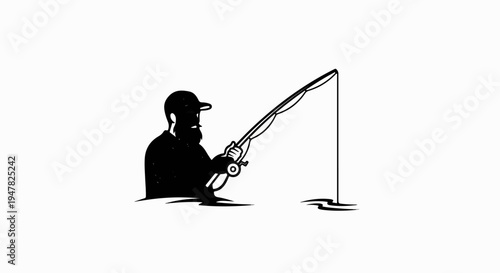 Silhouette of a bearded angler holding a fishing rod, waist-deep in water