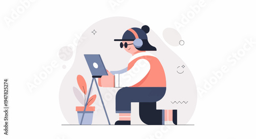 Person wearing headphones and glasses with laptop on tripod, next to plant