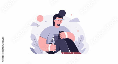 Person with augmented reality glasses and phone, surrounded by abstract shapes