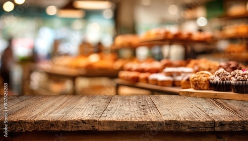 Wallpaper Mural Rustic Wooden Table in Front of a Bakery Display Case. Torontodigital.ca