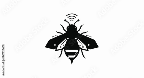 Silhouette of a cybernetic bee with radiating waves above