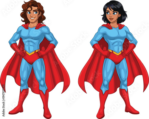 Male and female superhero characters standing confidently, comic style hero team illustration, powerful cartoon heroes with cape, strength concept