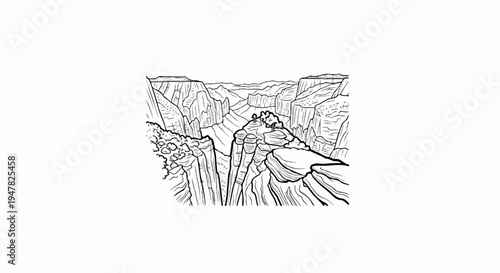 Stylized black and white line drawing of a grand canyon vista with layered cliffs