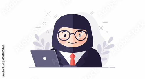 Smiling woman in hijab, glasses, and suit works on laptop