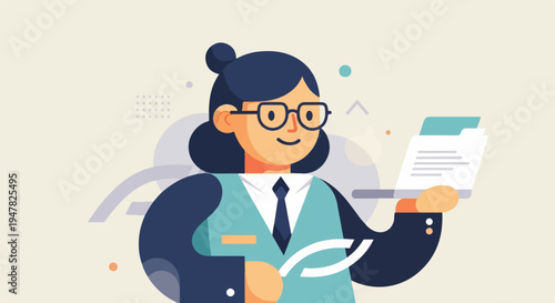 Smiling woman with glasses, vest, and tie, holding documents and tools