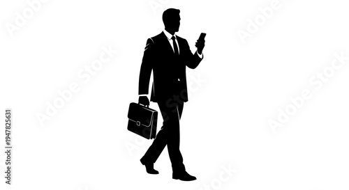 Silhouette of a businessman walking with a briefcase and smartphone, representing business and technology.