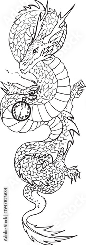 Black and white dragon contour isolated on white background. Vector line fantasy animal with open eyes. Medieval fairytale character with clock. Cartoon magic icon or coloring page. Tattoo design.
