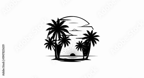 Stylized black and white image of a tropical sunset with palm trees