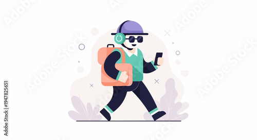 Person with backpack and headphones walking and using phone