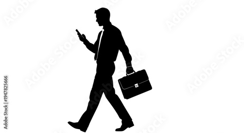 Silhouette of a businessman walking with a briefcase and smartphone