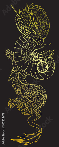 Gold dragon contour isolated on a black background. Vector line fantasy animal with open eyes. Medieval fairytale character with clock. Cartoon magic icon or coloring page.