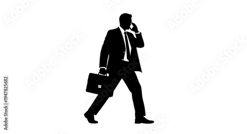 Silhouette of a businessman walking with a briefcase and talking on a mobile phone