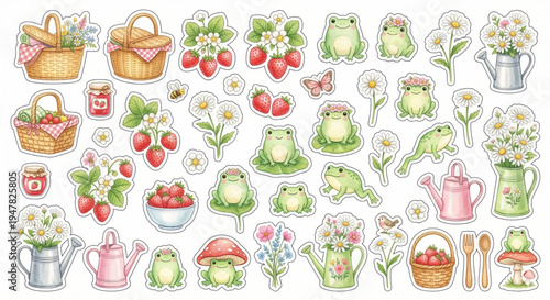 Spring cottagecore aesthetic garden watercolor sticker sheet vector
